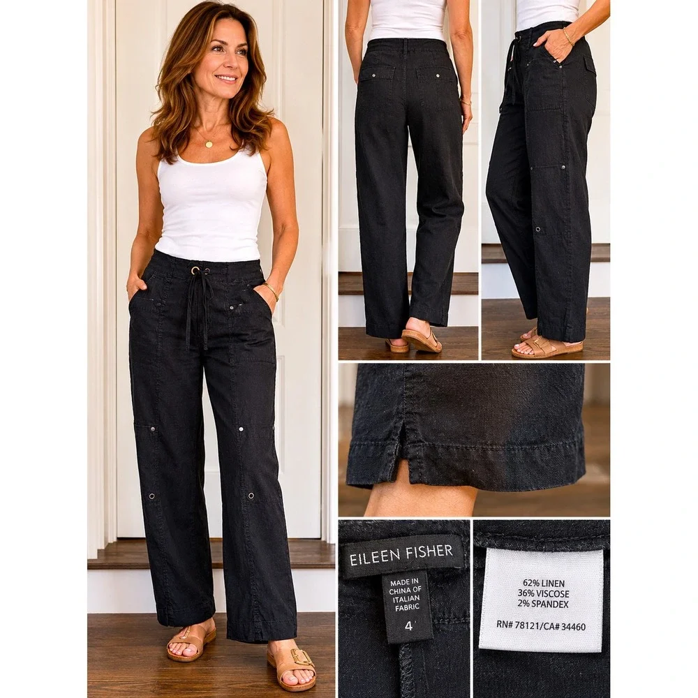 Eileen Fisher Linen Blend Cropped Utility Pants Womens 4 Black Draw Straight - Picture 11 of 11
